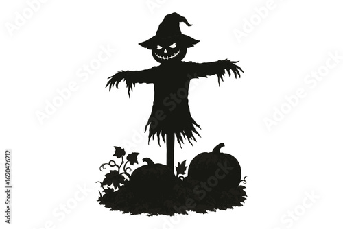 Silhouette of scarecrow with hat standing among pumpkins on white background