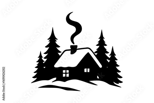 Black and white illustration of cabin with chimney smoke surrounded by trees