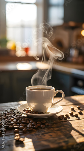 Steaming coffee in a white cup, next to scattered coffee beans in the morning