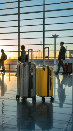 Two suitcases wait in an airport terminal, sunset in the background