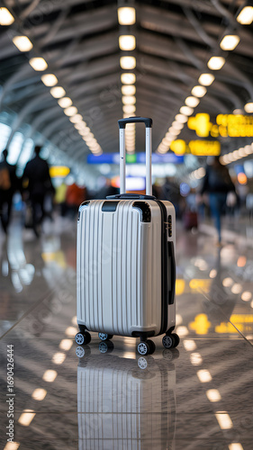 Suitcase stands alone in a busy airport walkway, lights above