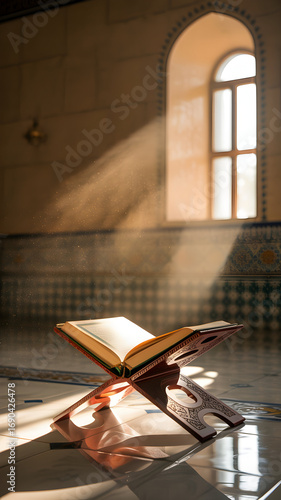 Open quran book on stand, sunlight streaming through window, tiled floor and walls