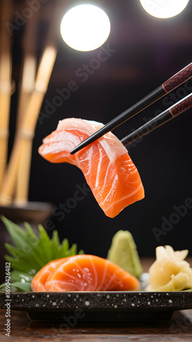 Chopsticks lifting salmon sashimi, plate with more fish, wasabi, ginger
