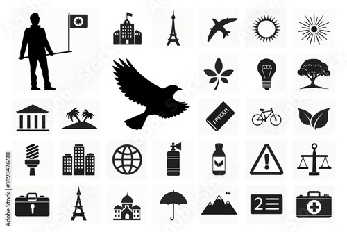 Various transportation icons including cars, boats, and planes  