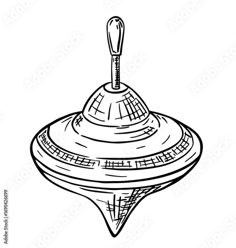Spinning top illustration hand drawn. Old wheel whirlwind teetotal isolated on white backdrop. Black and white hand drawn image