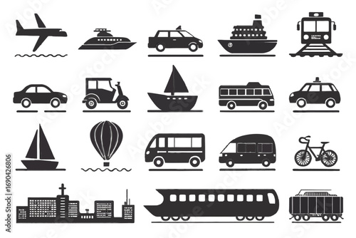 Various transportation icons including cars, boats, and planes  