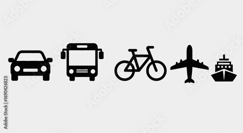Various modes of transportation in black and white illustrations  