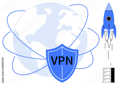 Globe surrounded by orbiting lines, shield with VPN text, rocket headed towards server. Ideal for cybersecurity, data privacy, global networking, secure connection, innovation, technology simple