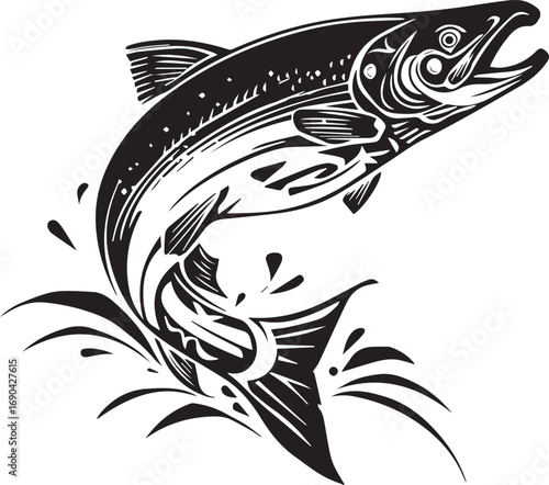 Dynamic salmon jumping out of water silhouette logo design