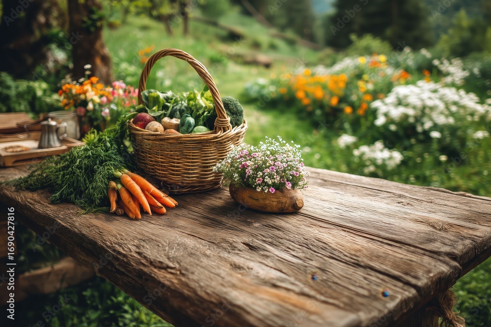 Fototapeta premium Vegetables and herbs on rustic wooden table