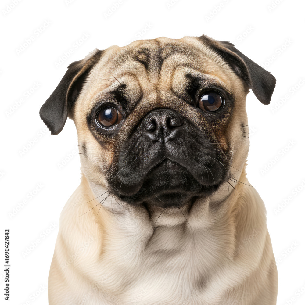 Fototapeta premium Cute Pug Dog Face Portrait with Sad Expressive Eyes Adorable Pet Canine Mammal PNG cutout transparent background isolate