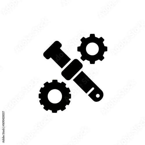 Monochrome glyph icon of a ratchet and cogs representing industrial maintenance, technical setup, and system configuration options