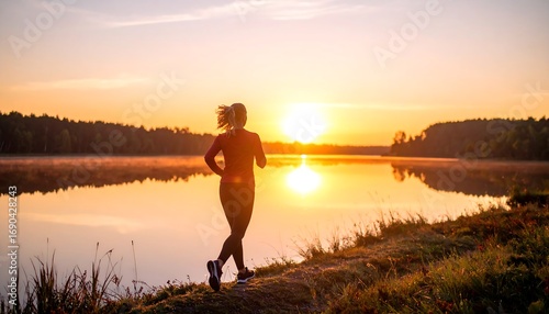 Runner at sunrise over a lake