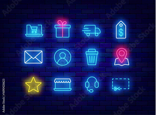 E-commerce neon icons collection. Account profile. Mobile app buttons. Present, support and mail. Vector stock illustration