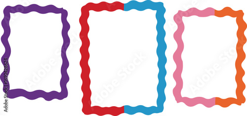 Three colorful wavy rectangular frames with empty white space inside on a white background border rectangle