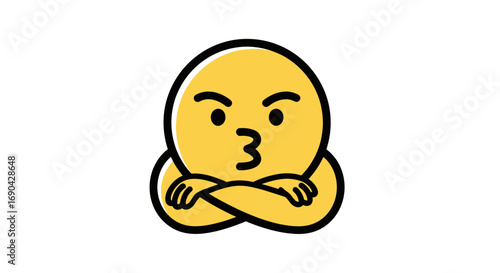 Obraz na płótnie Yellow cartoon face with crossed arms and angry expression.