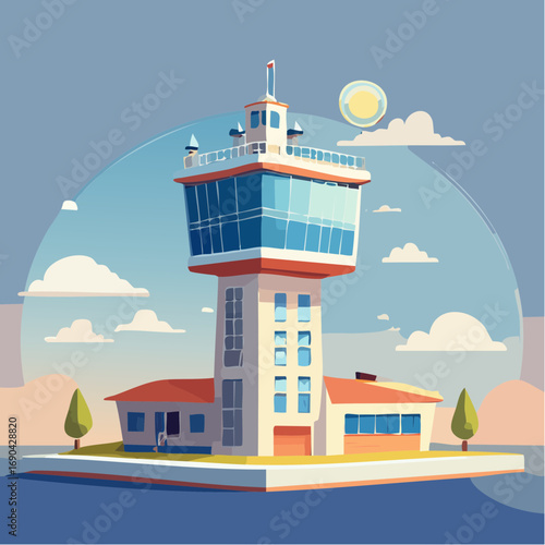 Illustration stylisée de tour de contrôle aéronautique