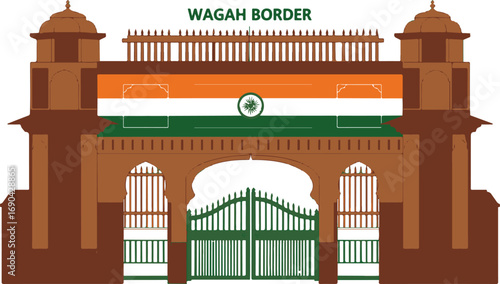 Wagah Border Gate with Large Indian Flag Across the Top Section India Pakistan border crossing