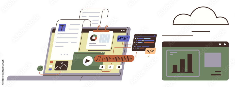 Naklejka premium Computer screen with coding window, multimedia tools, documents, charts, and cloud icon. Ideal for programming, teamwork, education, technology content management online learning simple flat