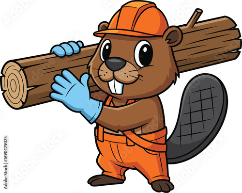 Hardworking Cartoon Beaver Carrying Wood Log in Construction Uniform and Helmet – Cute Vector Illustration for Kids, Builders, and Mascots
