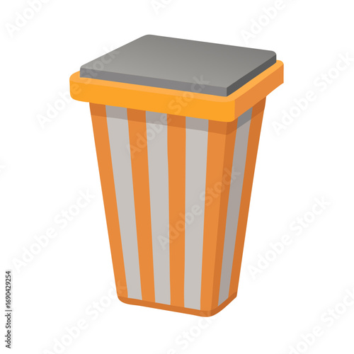 Striped Trash Can Vector: Orange and Gray Waste Bin with Lid for Office or Home