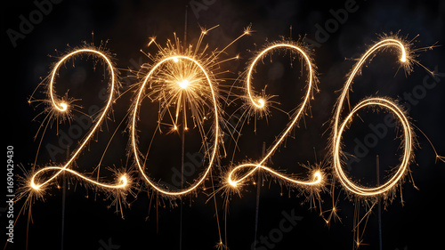 Sparkling 2026 New Year celebration with golden fireworks against a dark night sky