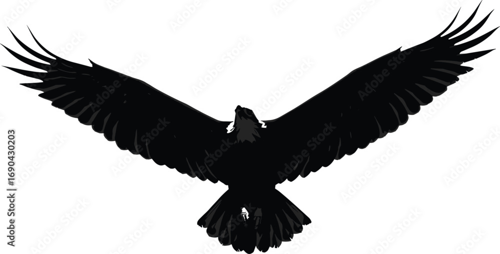 Naklejka premium Majestic bird silhouette flying with wings wide open, powerful eagle or hawk vector perfect for nature, freedom, wildlife, and sky themes.