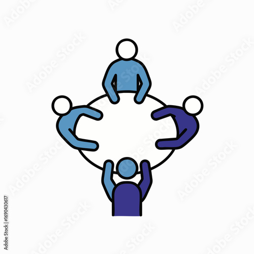 This vibrant blue icon depicts four stylized individuals actively collaborating around a central circular element, symbolizing unity, partnership, and effective teamwork.
