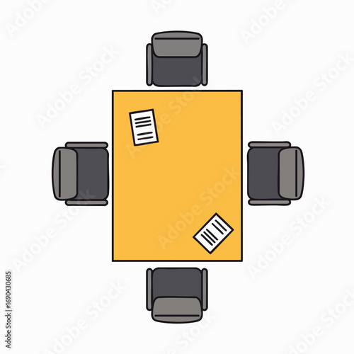 An overhead view of a modern office meeting room table with four chairs and documents, perfect for business discussions and corporate collaboration.