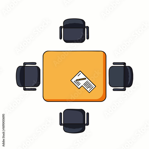 An overhead view of an empty rectangular meeting table surrounded by four office chairs, featuring a document ready for a business discussion or agreement.