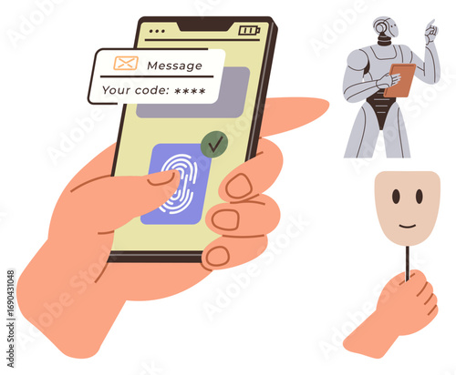Smartphone with fingerprint verification, robot holding clipboard, and mask suggest identity, AI, and security. Ideal for technology, privacy, verification, automation cybersecurity fraud