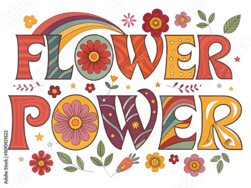 Vintage flower power typography art, transparent background