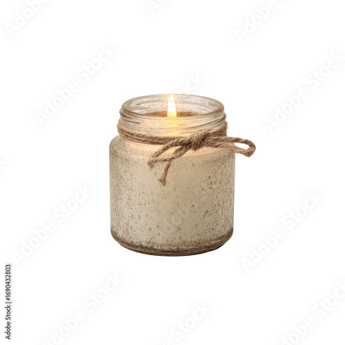 Rustic Mason Jar Candle with Twine, Lit, Cream Colored Wax