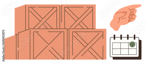 Stacked wooden crates symbolize inventory storage with a calendar marking delivery deadlines and a pointing hand for action. Ideal for supply chain, logistics, shipping, planning, warehouse