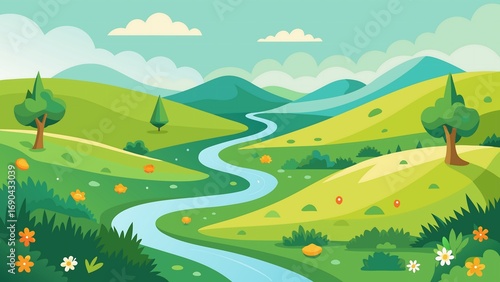 A vibrant, cartoonish landscape with rolling green hills, a meandering blue river, scattered flowers, trees, and distant mountains under a bright sky