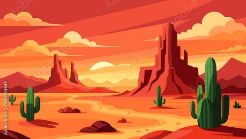Pixel art desert landscape with mesas, cacti, and a winding path under a vibrant orange sky with clouds and a setting sun, evoking a sense of adventure and the wild west