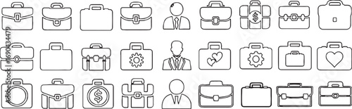 outline, clean, briefcases, work, stylized, silhouette, graphic, illustration, depicting, symbol, figures., elements, including, hearts., handles, love, money, professional, with, gear, cogwheel, busi