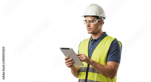 Construction worker uses tablet for project management in safety gear