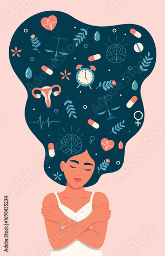Women's mental health. International women's health day. Woman with long hair and medical elements, scales, uterus, brain and heart hugging herself. Mindfulness, care. For health, prevention, medicin