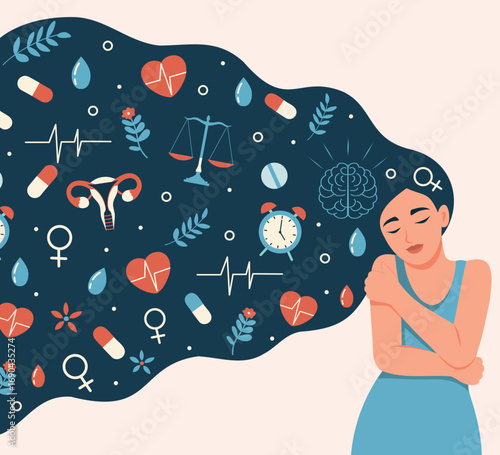 Women's mental health. International women's health day. Woman with long hair and medical elements, scales, uterus, brain and heart hugging herself. Mindfulness, care. For medicine and social networks