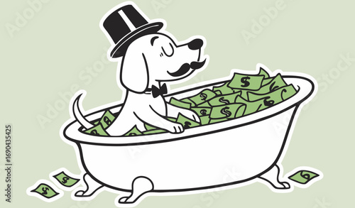 Flat vector illustration of a winking white dog with a mustache and top hat, sitting in a clawfoot bathtub full of green money, outlined in black and white as a sticker on a light green background. 