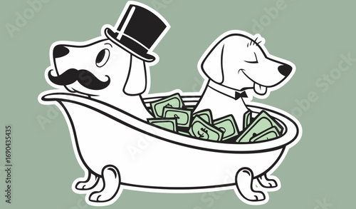 Flat vector illustration of a winking white dog with a mustache and top hat, sitting in a clawfoot bathtub full of green money, outlined in black and white as a sticker on a light green background. 