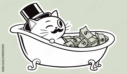 Flat vector illustration of a winking white cat with a mustache and top hat, sitting in a clawfoot bathtub full of green money, outlined in black and white as a sticker on a light green background. 