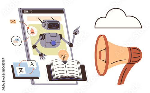 AI robot interacting on a mobile device with translation tools, notifications, and open book. Loudspeaker for announcement and cloud as data storage. Ideal for AI, education, tech, language, digital