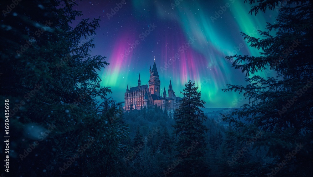 Obraz premium Aurora borealis illuminating fantasy castle in snowy forest at night
