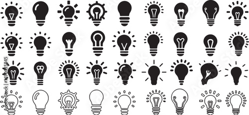 light bulb, idea, concept, energy, electricity, innovation, symbol, icon, design, silhouette, outline, black and white, graphic, illustration, collection, set, variety, different, shapes, patterns, fi