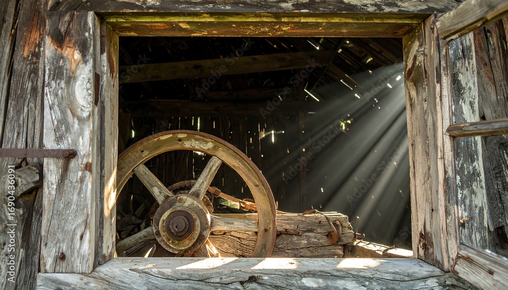 Obraz premium Sunbeams pierce weathered barn window