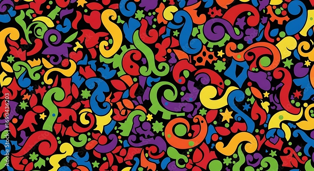 Fototapeta premium Vector art of whimsical and colorful abstract pattern with organic shapes and swirls on black