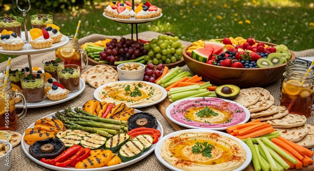 Fototapeta premium A vibrant and colorful outdoor picnic spread featuring a variety of delicious and healthy food options.