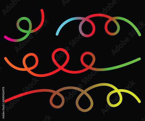 hand drawn wavy curvy long squiggles gradient lines, loopy lines, wave lines - stock vector. abstract wavy lines. long hand drawn squiggle. vector illustration on transparent background